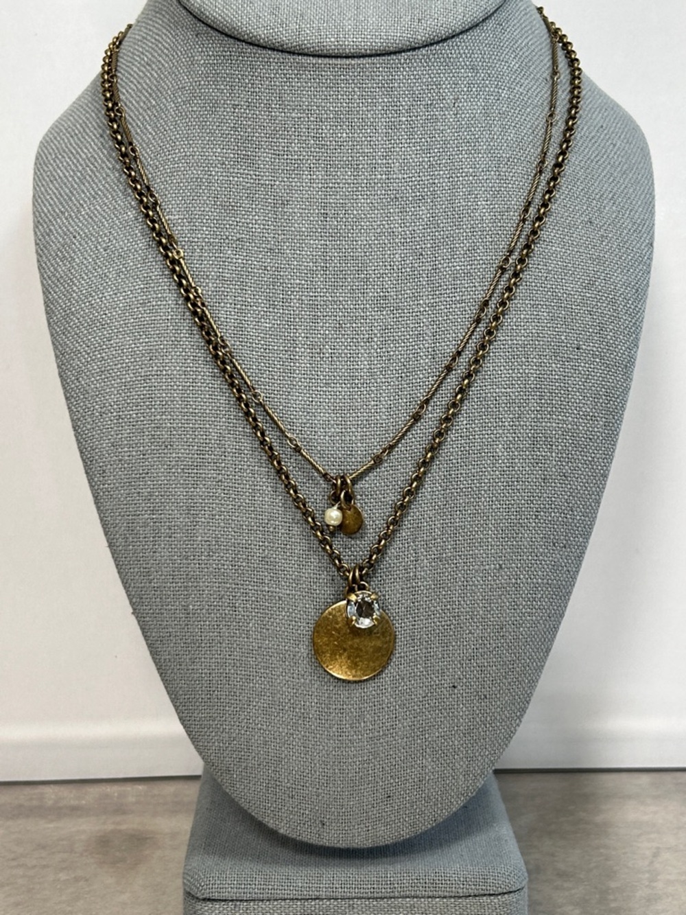 Layered Antique Gold-Tone Disc Pendant Necklace with Crystal Accent